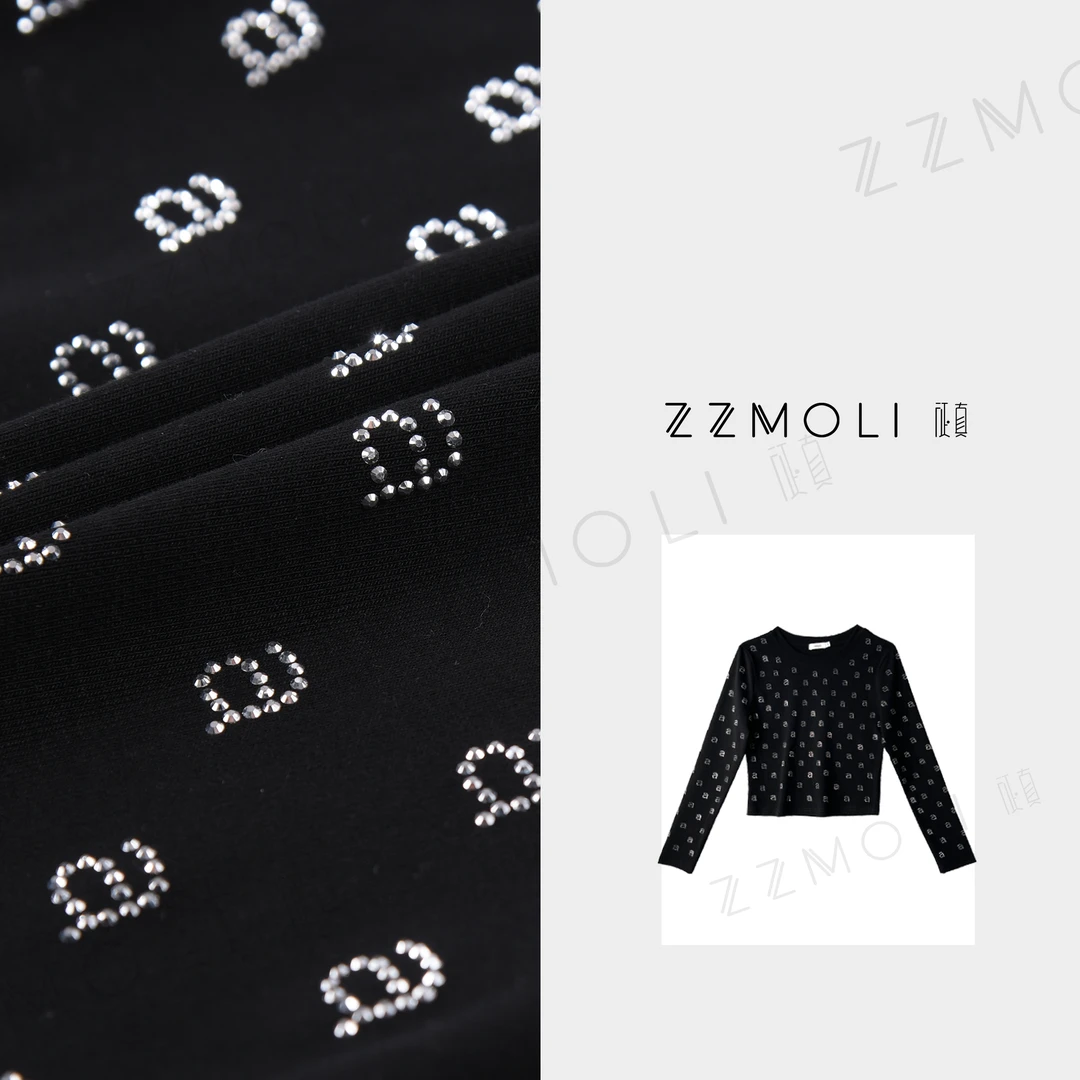 ZZMOLI小个子气质重工烫钻字母T恤女长袖时尚打底上衣ZBY29773