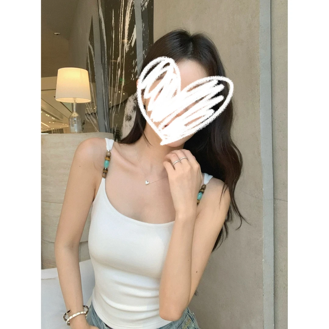 梦优莱美式独特漂亮串珠一体胸垫超弹吊带背心女夏季修身显瘦上衣
