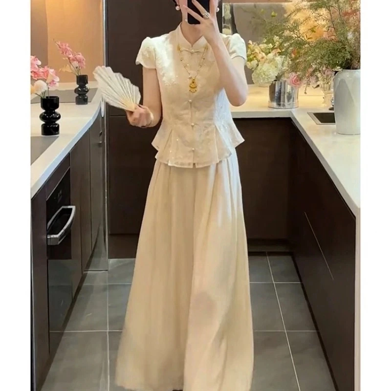 2025新中式气质亮片贵气感国风上衣长裤套装夏季百搭高级收腰小衫