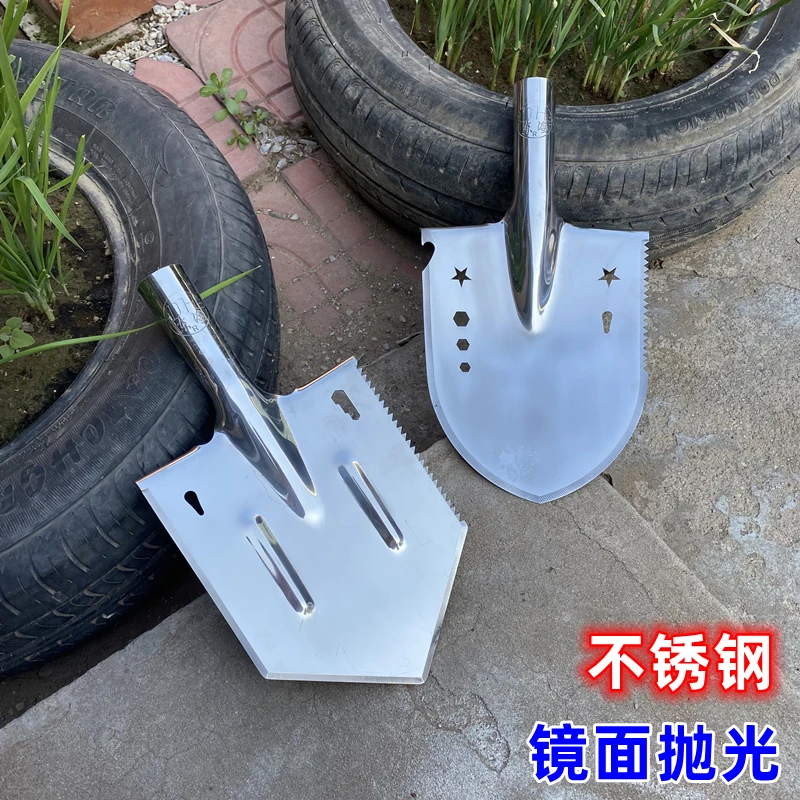 不锈钢工兵铲新款园艺铲子白钢兵工铲侧刃带锯齿户外铲头抛光小锹