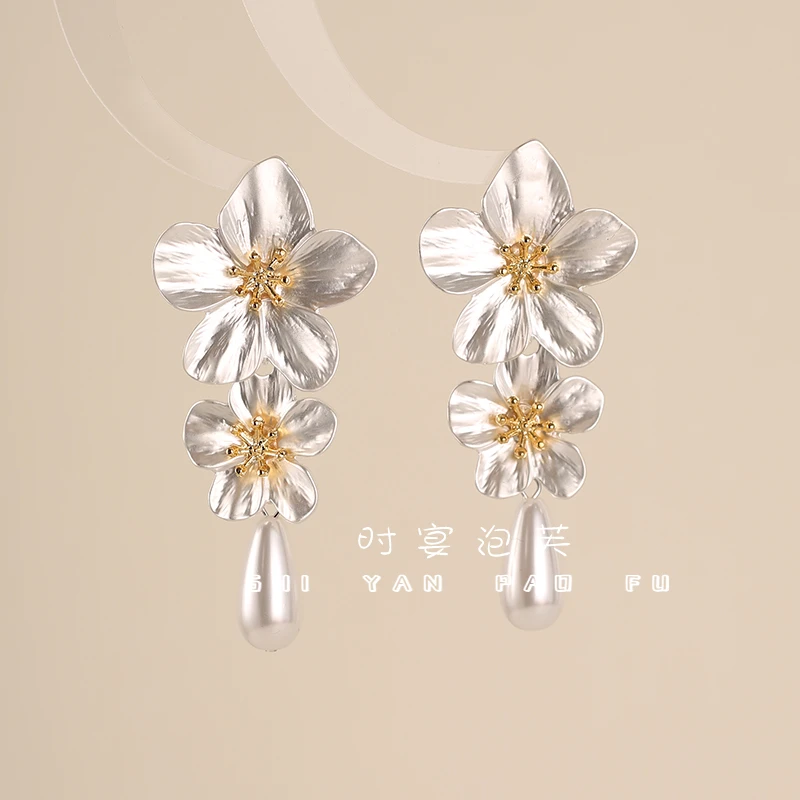 铜合金仿珍珠耳饰 双生恋花珠珠耳环流苏长款简约气质森系耳饰女