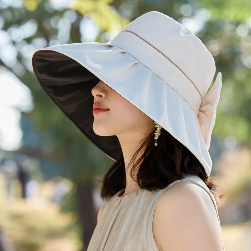 女夏季大檐渔夫帽户外防紫外线骑车遮阳帽优雅时尚大蝴蝶结太阳帽