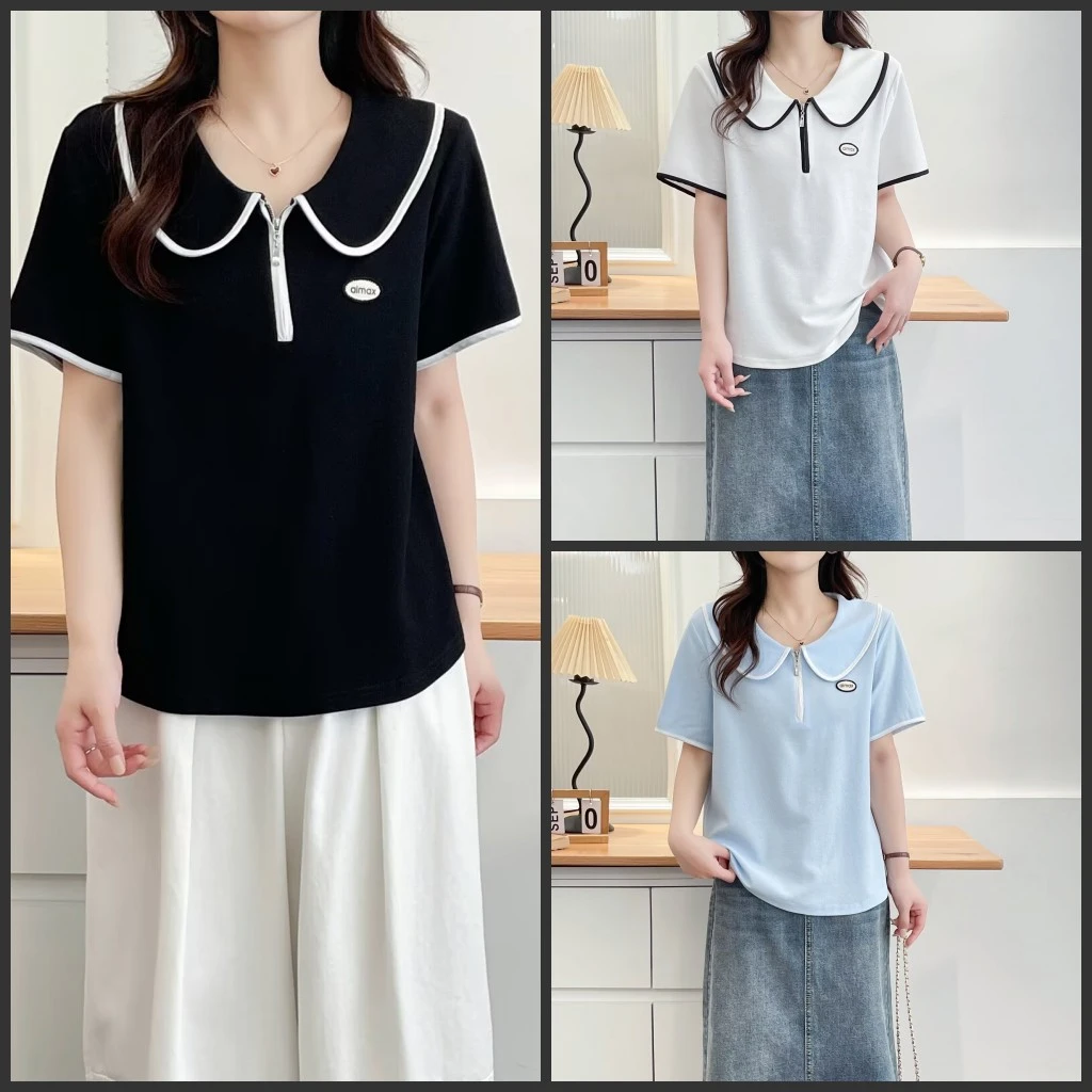 【琦琦】100-185斤微胖大码女装减龄娃娃领显瘦百搭学院风短袖T恤