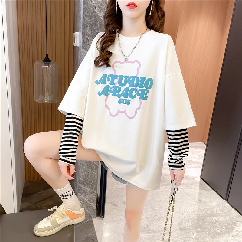 条纹拼接假两件长袖T恤女2023春秋新款韩版宽松百搭设计感上衣服