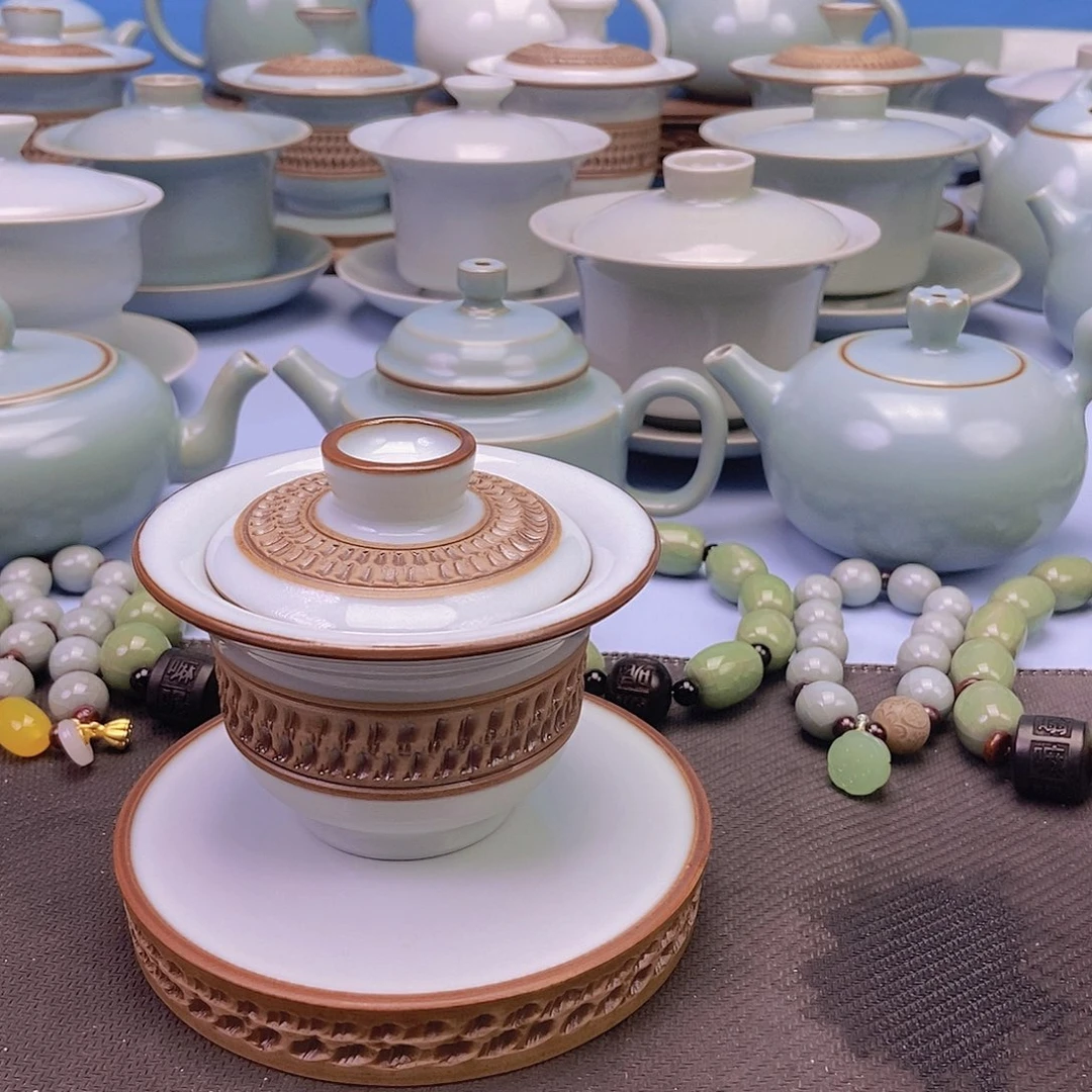 杯重工跳刀月白元宝盖碗原矿原釉原产地