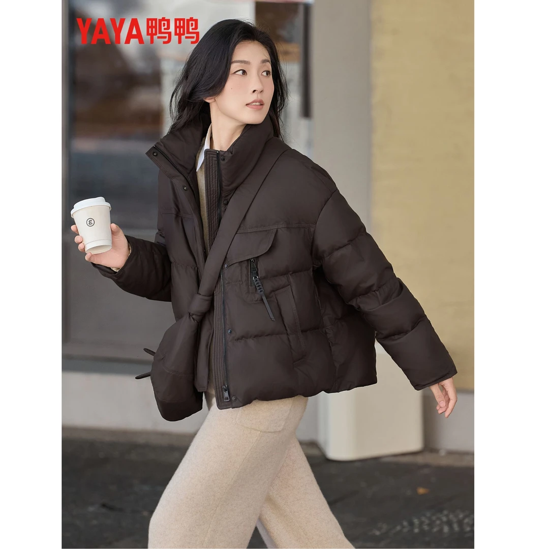 鸭鸭羽绒服女2025年新款冬季时尚立领短款加厚鸭绒面包服保暖外套