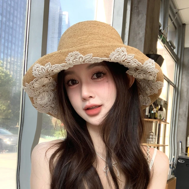 2025新款蕾丝拉菲草帽女夏季时尚海边遮脸太阳帽度假大檐帽田园风