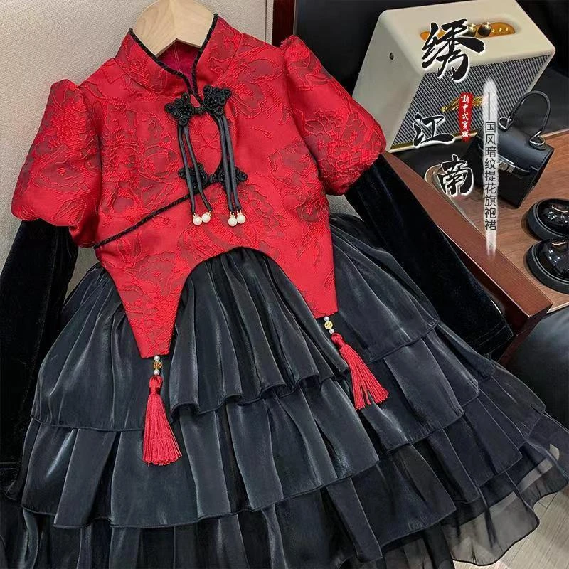 女童连衣裙冬装2025新款加绒新年款中国风网纱连衣裙洋气蛋糕裙潮