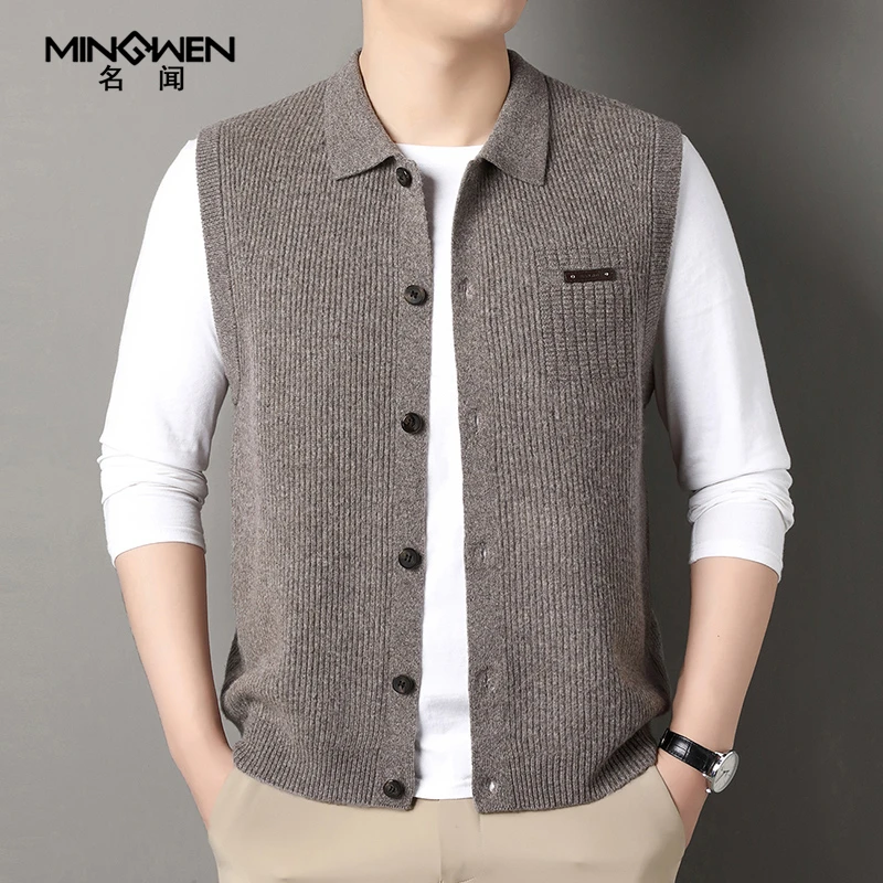 翻领纯羊毛开衫背心男装秋冬高级感痞帅针织马甲无袖毛衣坎肩外套