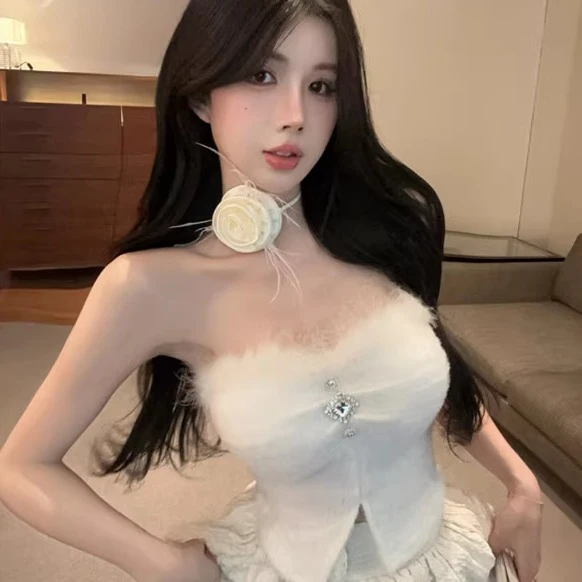 水貂绒毛毛吊带背心女秋冬纯欲一字肩抹胸上衣加绒打底衫皮草内搭