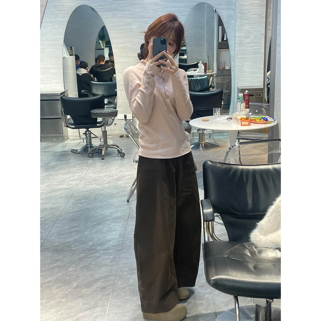 设计感半高领排扣长袖针织衫修身内搭上衣灯芯绒休闲裤阔腿弯刀裤