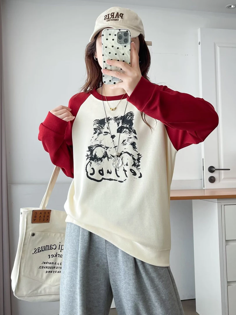 2025大码拼色韩版长袖时尚针织圆领秋冬印花卫衣女猫咪秋季