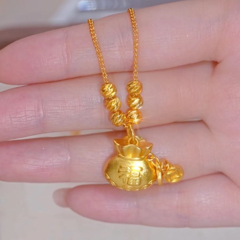 铜合金项链 吊坠设计时尚金色百搭黄金福袋项链女轻奢锁骨链饰品