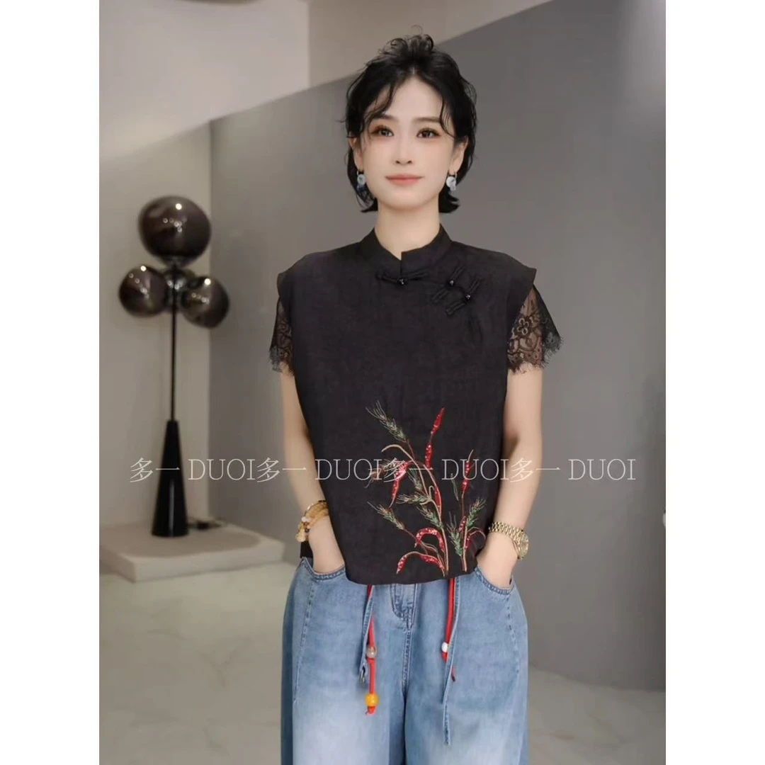 多一“金穗”2025夏季新款新中式国风刺绣圆领斜盘扣薄款上衣