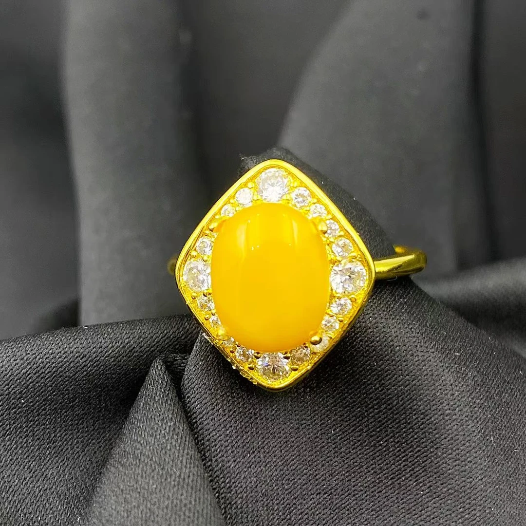 蜜蜡满钻蛋面菱形戒指A575