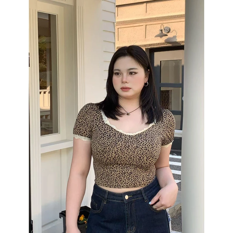 【啵啵】春夏辣妹复古豹纹蕾丝拼接短袖显瘦百搭上衣