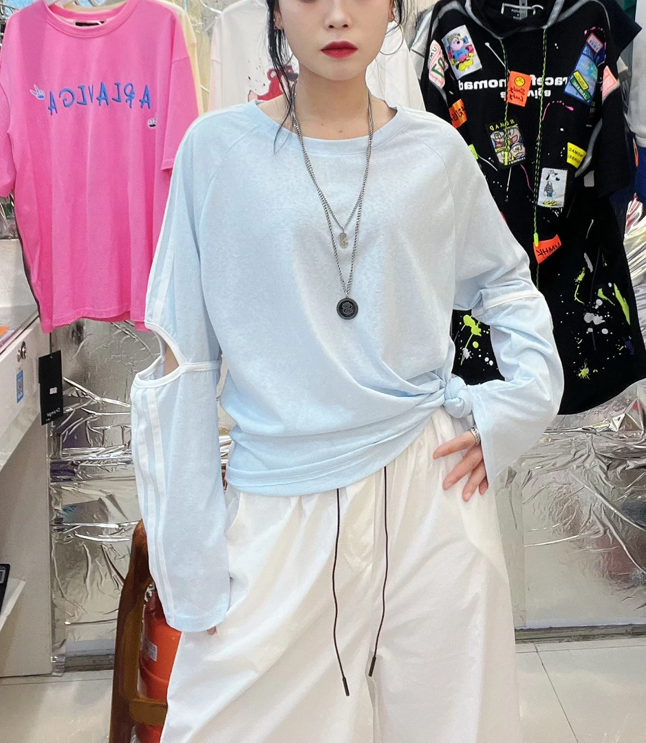 INS风套装长袖吸汗T恤韩版宽松型打底衫拼接防晒