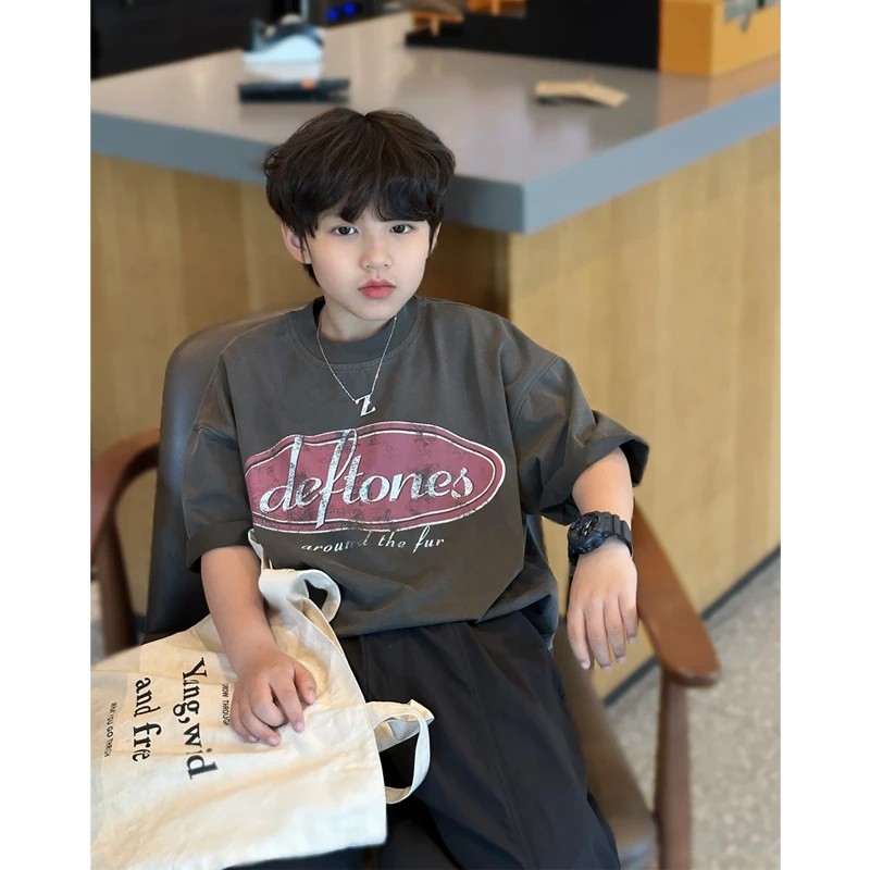 凯文家童装2025年夏季新品男童中大童韩版复古印花儿童短袖T恤衫