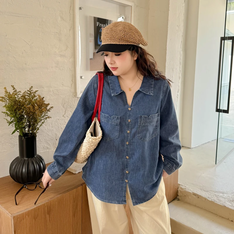 DC7041大码女装【港风牛仔】春夏季翻领宽松休闲百搭长袖牛仔衬衫