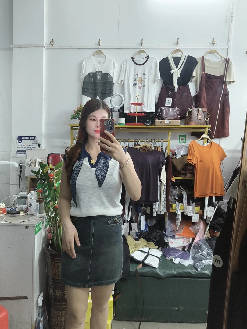 2025爆款高级气质韩版洋气短袖印花手工穿珠小领巾飘带