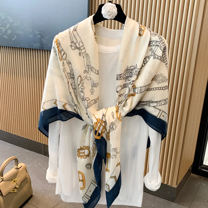 130CM法式皮扣丝巾大方巾女薄款空调房披肩围巾旅游穿搭防晒纱巾