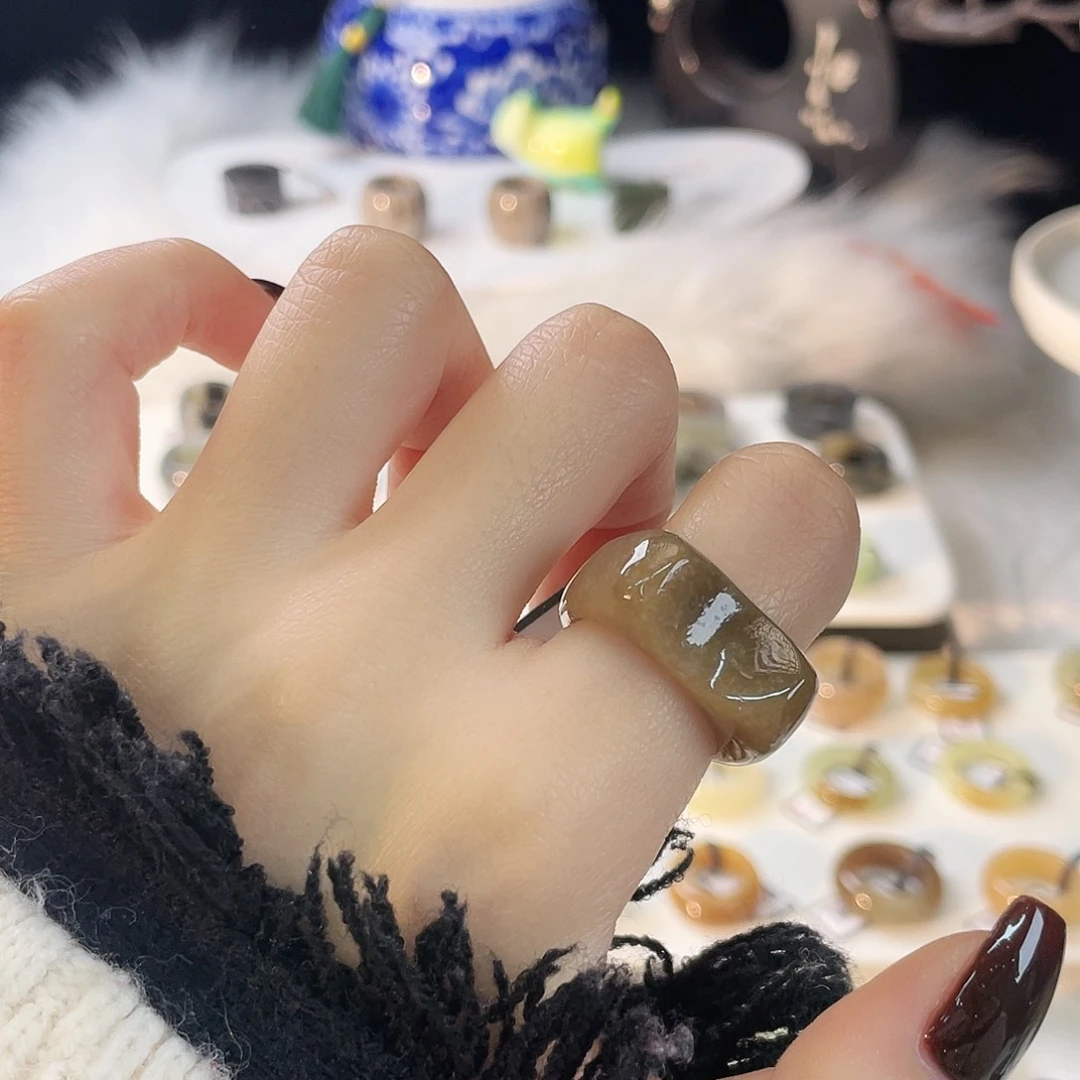 和田玉未镶嵌戒指c8咖糖猫耳18.2