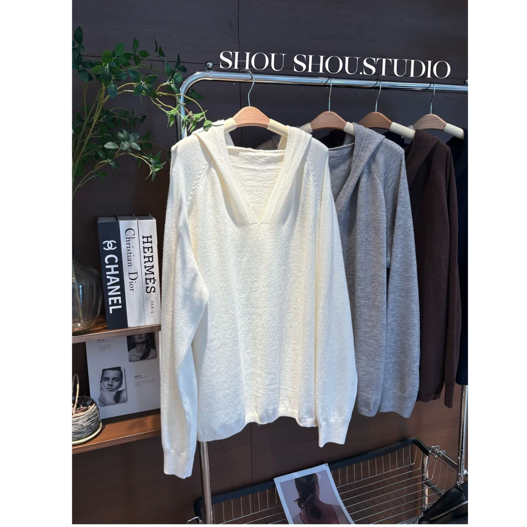 【瘦瘦】大码秋季连帽半门襟绵羊毛插肩袖针织长袖上衣S01929