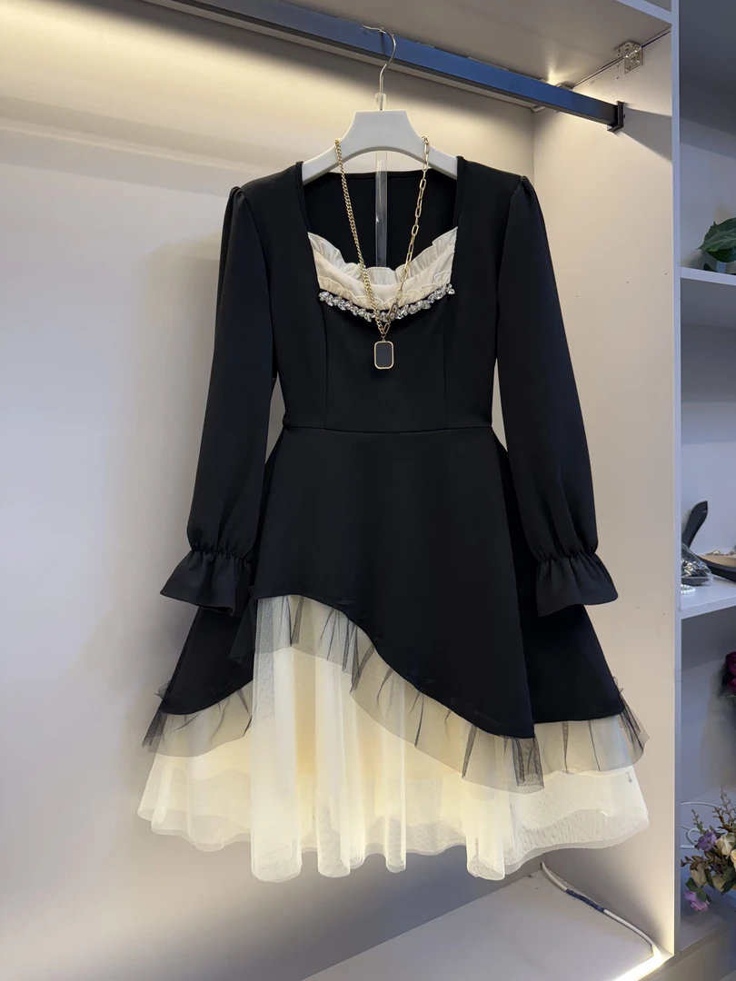 欧货新款大码女装拼接领洋气显瘦氛围感甜美连衣裙