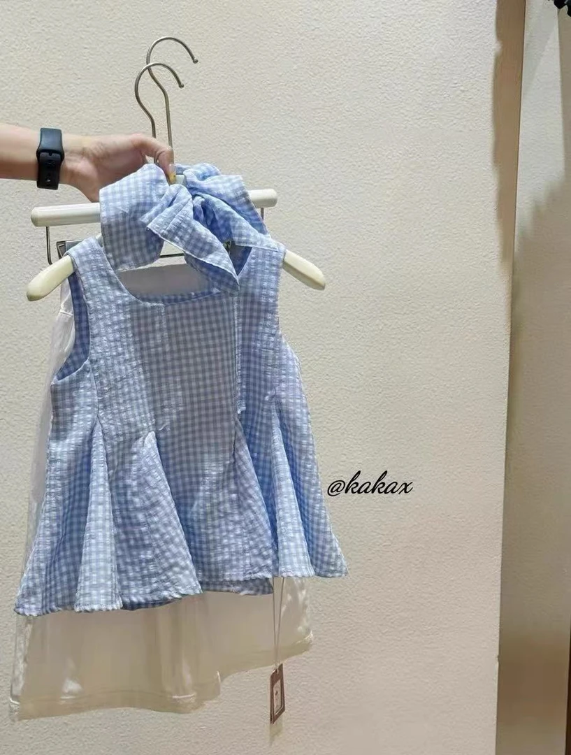 (送发圈送墨镜）2025夏季新款女童格子裙七分裤休闲背带无袖套装