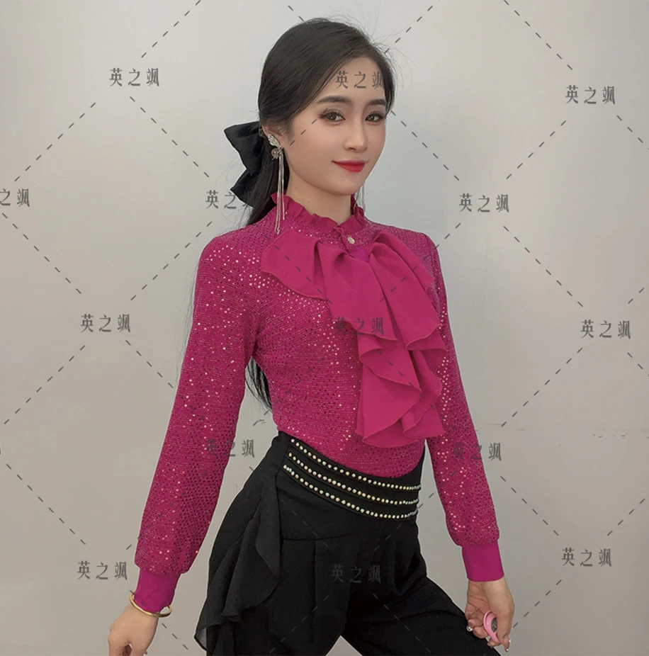 虎哥舞服【英之飒】花边亮片长袖连体显瘦长袖舞服跳舞气质时尚2213