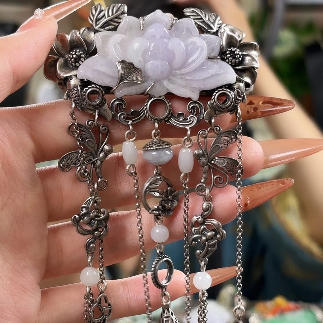 翡翠银S925镶嵌发夹翡翠