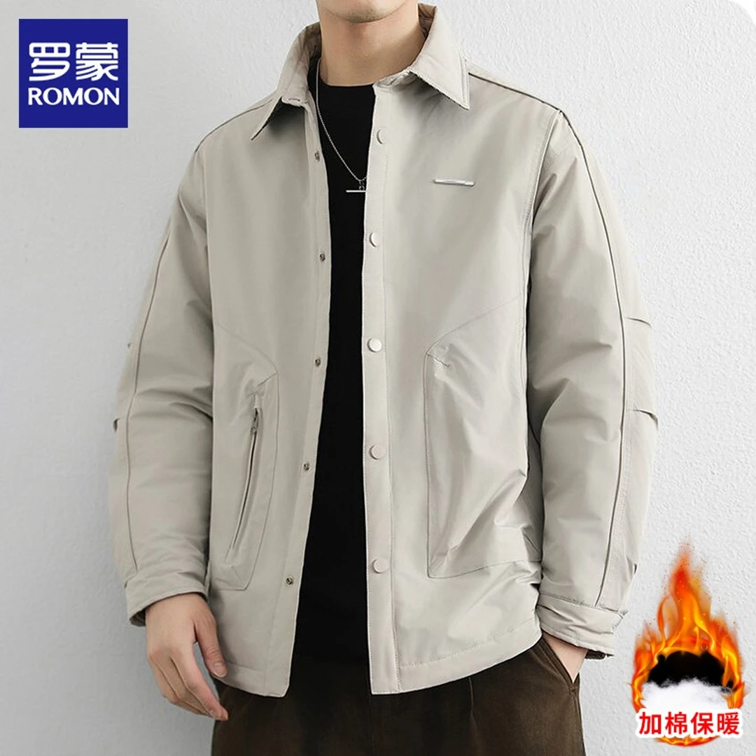 罗蒙夹克男士秋冬季新款加棉保暖茄克上衣宽松休闲工装翻领外套男