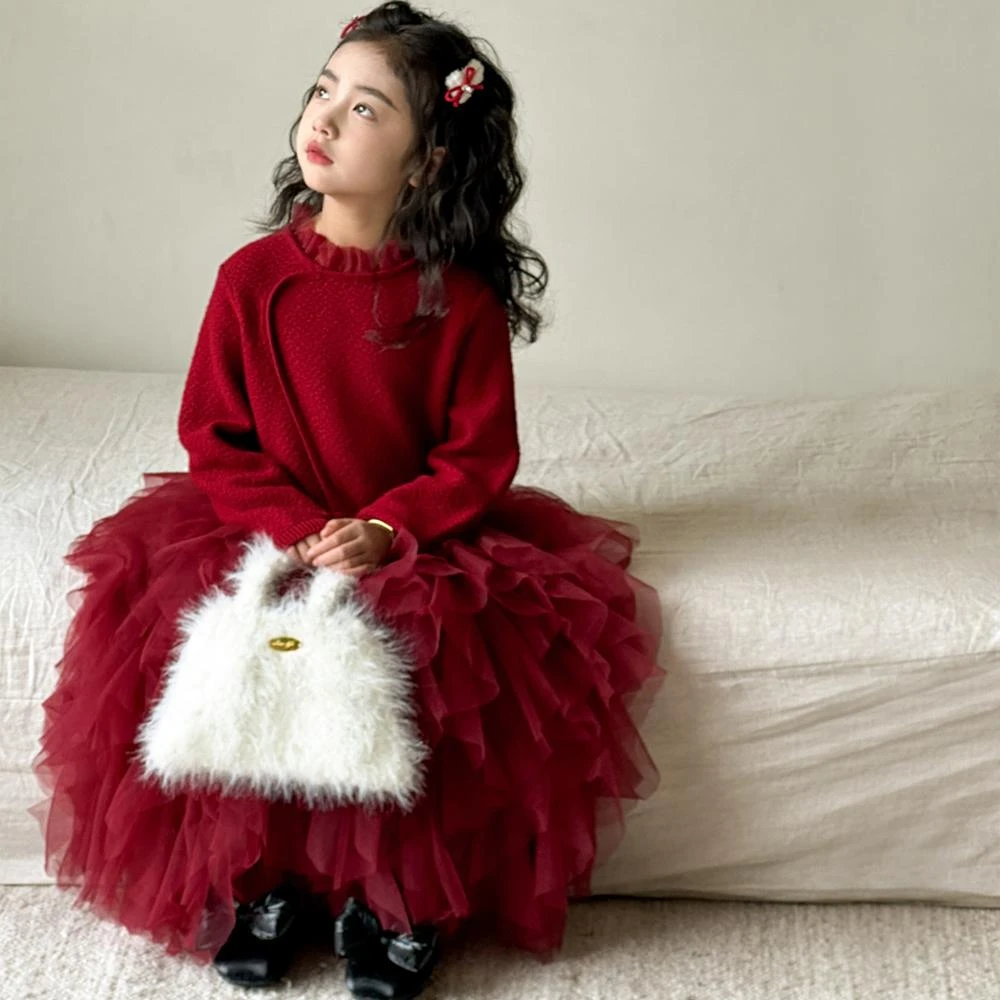 中大童针织网纱裙女孩红色公主裙拜年服儿童蛋糕裙XD243075-YGG