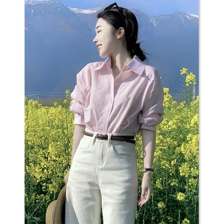 初春独特超好看上衣淡粉色衬衫女款外穿洋气长袖显瘦衬衣纯棉小众