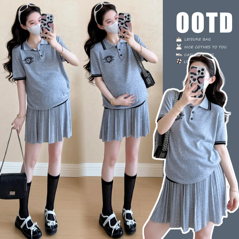 孕妇套装2025夏季新款时尚休闲polo领针织衫女百褶裙两件套孕妇装