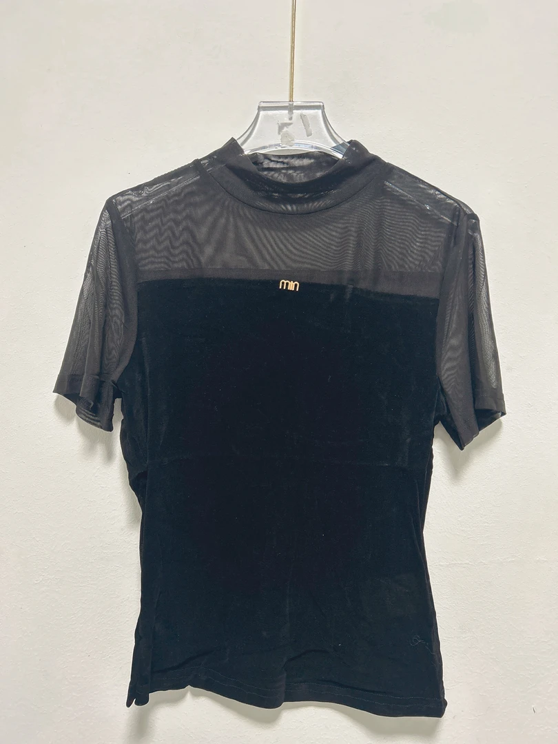 265206丝绒时尚T恤女法式黑色高领上衣蕾丝网纱拼丝绒打底衫