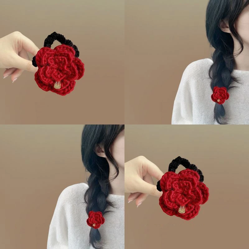 红色毛线扎头发发圈网红2025新款气质花朵头绳女生马尾发绳橡皮筋
