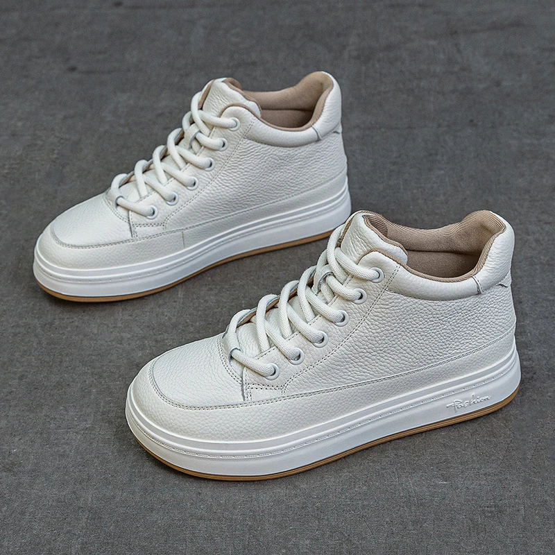 头层牛皮秋冬小白鞋高帮小白鞋平跟软底加绒保暖百搭休闲运动板鞋