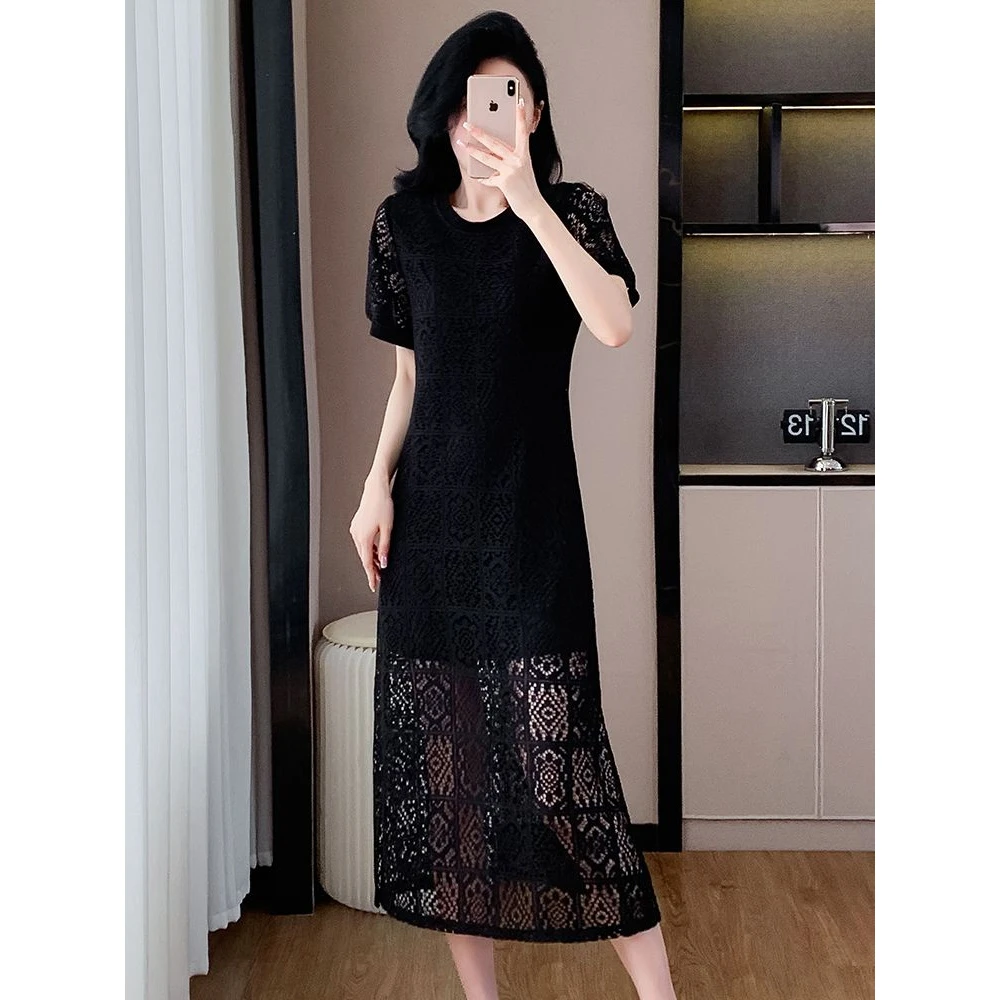 高级感蕾丝镂空连衣裙收腰显瘦夏季新款时尚拼接设计感开叉A字裙