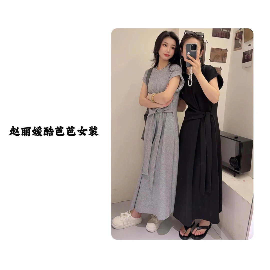 系带收腰连衣裙女欧洲站2025年夏季新款韩版赫本风显瘦减龄长裙潮