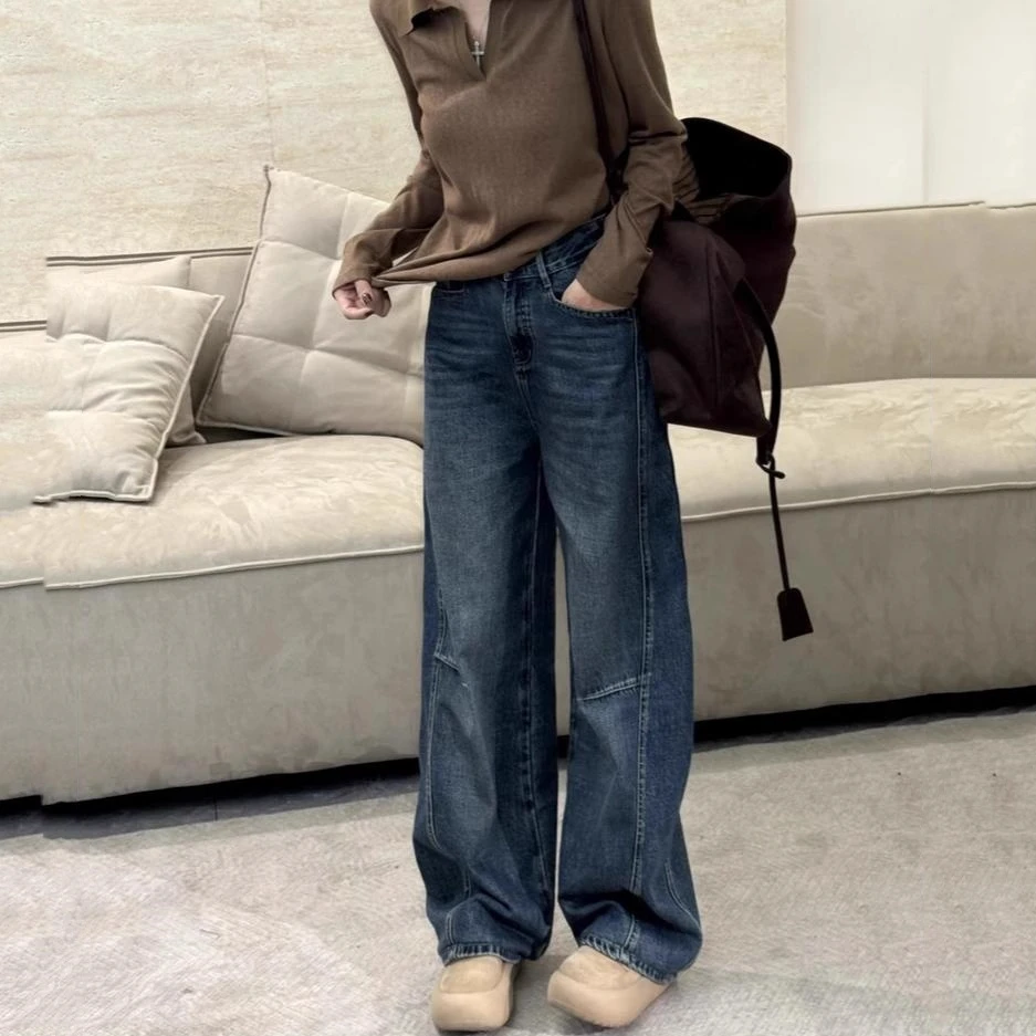 弯刀阔腿牛仔裤女2025年秋季新款胖mm高腰宽松显瘦直筒拖地长裤