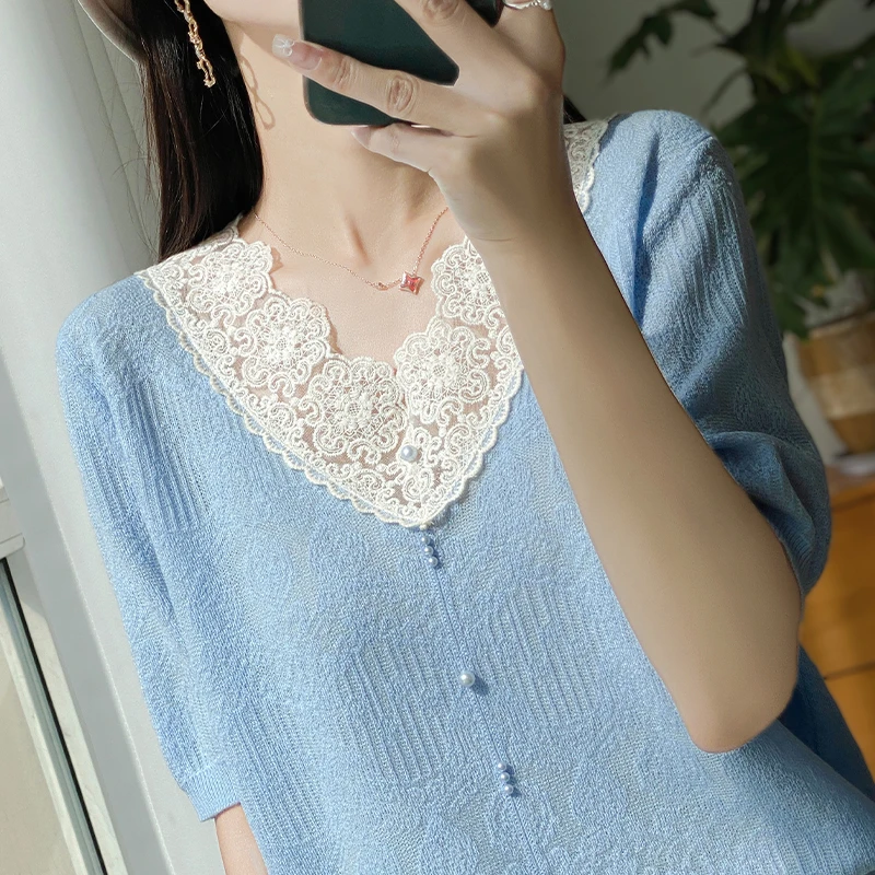 夏装2025新款大码短款针织上衣女士宽松显瘦洋气薄款蕾丝短袖T恤