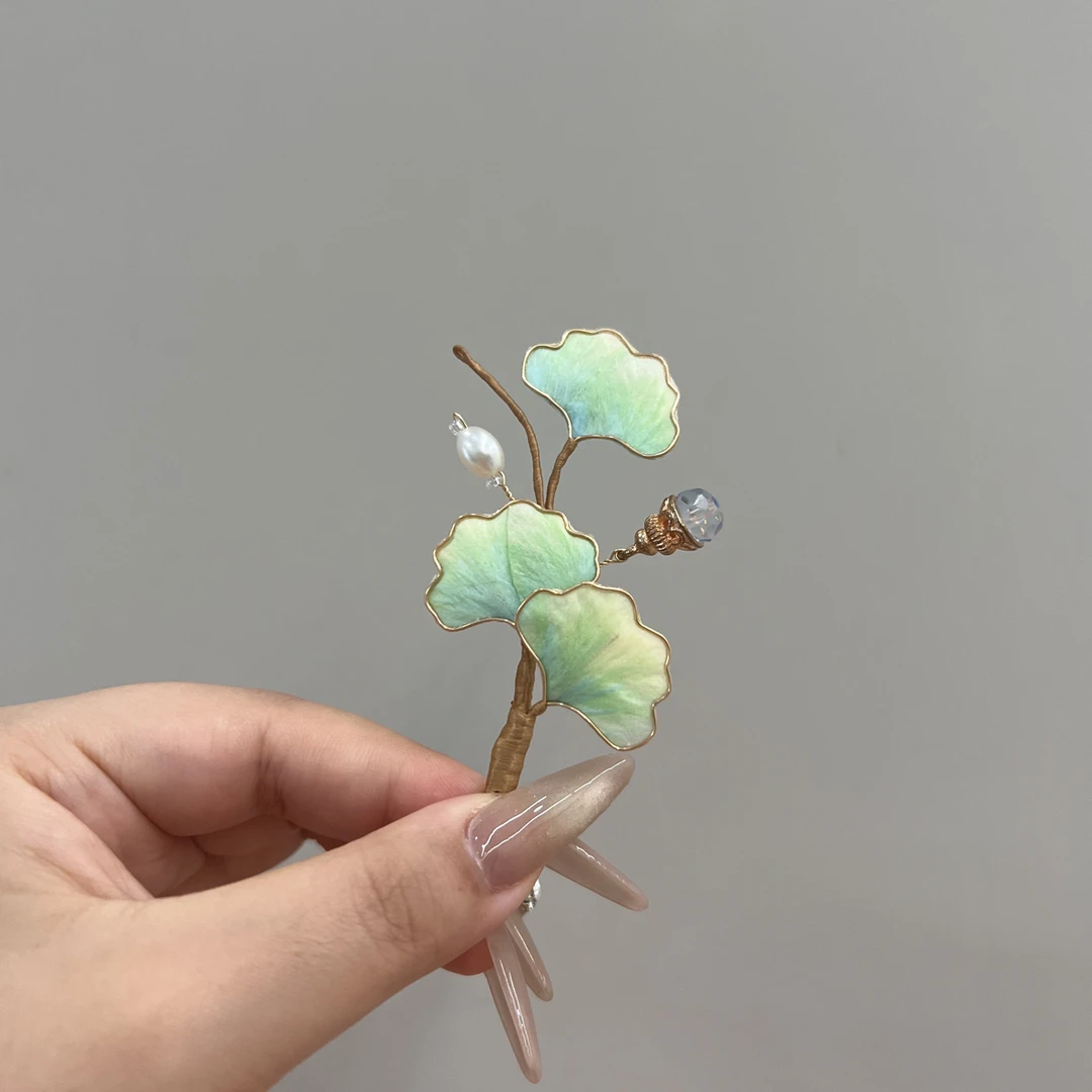 闫颜发饰 桑蚕丝绒花银杏叶发夹发簪