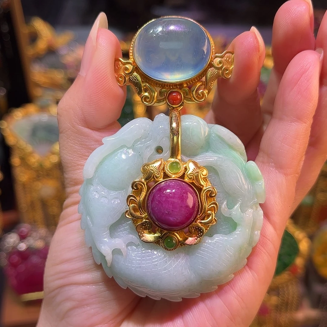 翡翠银S925镀金镶嵌吊坠(不含链)