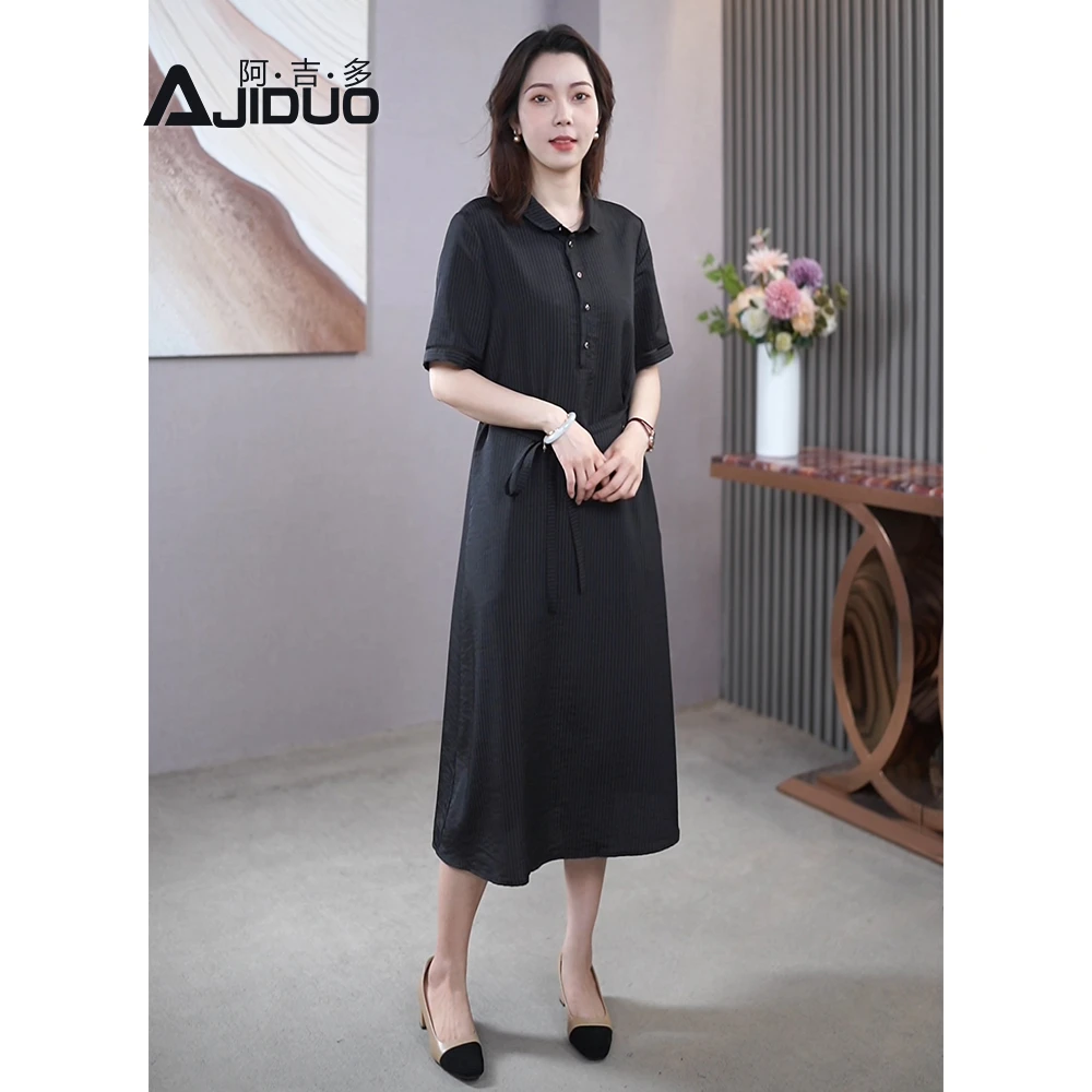 阿吉多A31758高端气质连衣裙大码胖mm直筒大码宽松显瘦翻领裙子