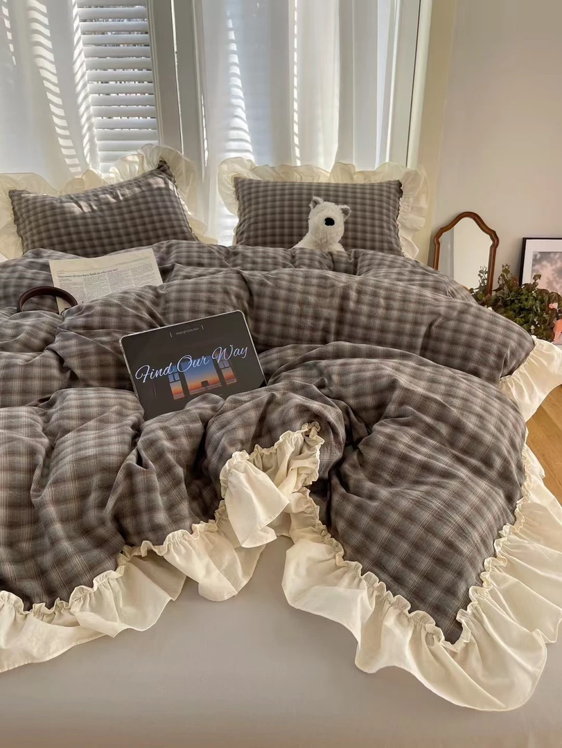 高端复古风花边简约格子全棉色织水洗棉三件套四件套