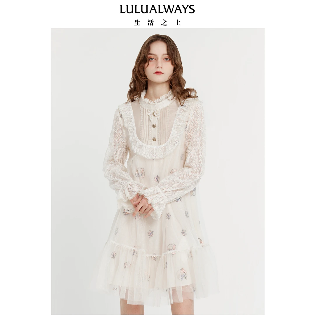 【小呆鸟专属】LULUALWAYS24春季新款温柔绣花网纱直筒连衣裙
