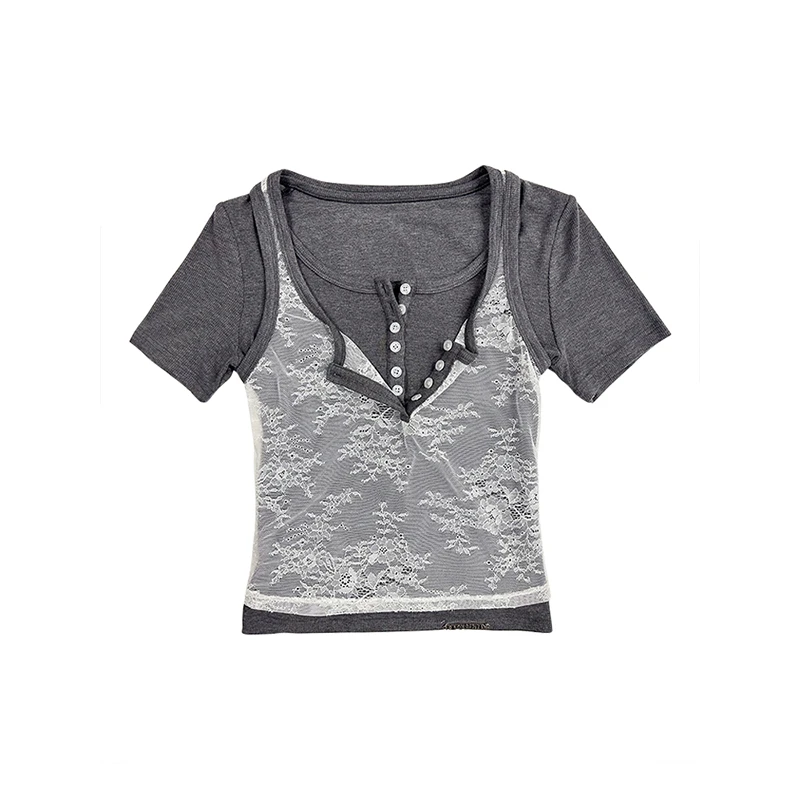 REFOUND TEN 设计师品牌双层针织拼接蕾丝修身短袖SOLSOL买手店