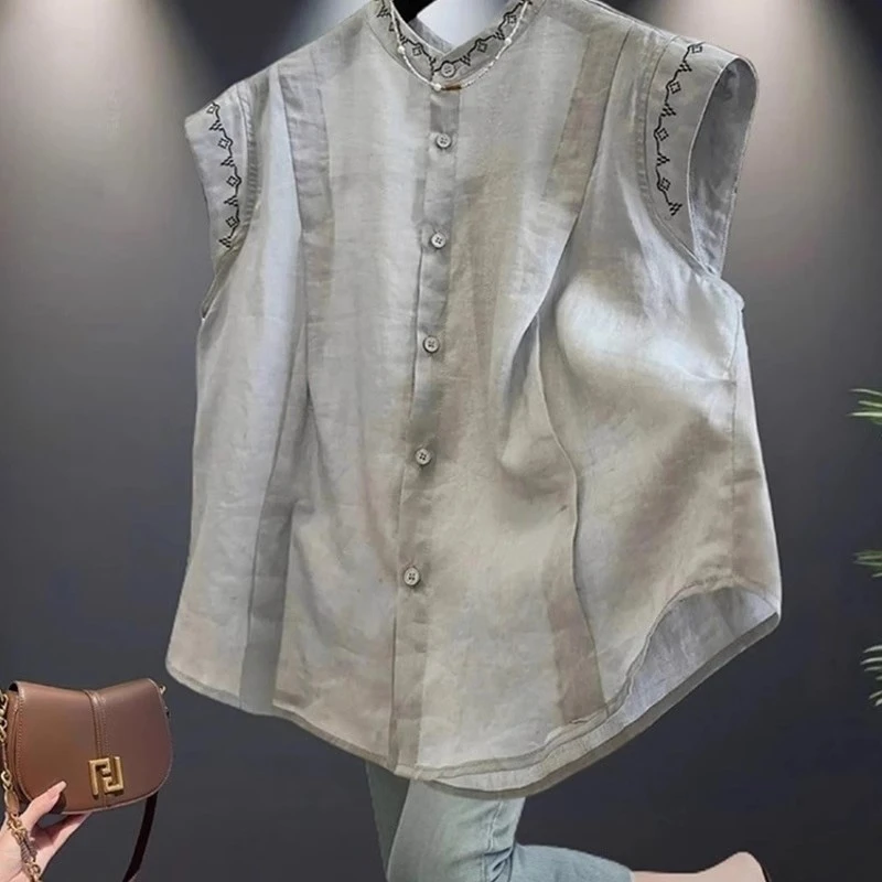 高级感重工刺绣纯棉背心衬衫女2025夏季新款洋气减龄宽松无袖衬衫