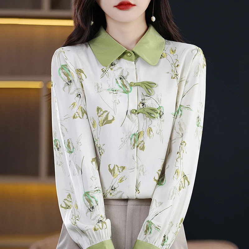 哥弟阿玛施正品新款春夏装新中式女士套头盘扣翻领水墨画国风衬衣